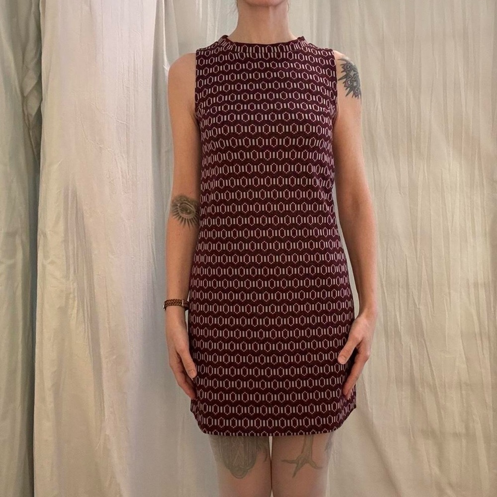 Burgundy, Black and Silver Geometric Patterned Mini Dress by Niū‎